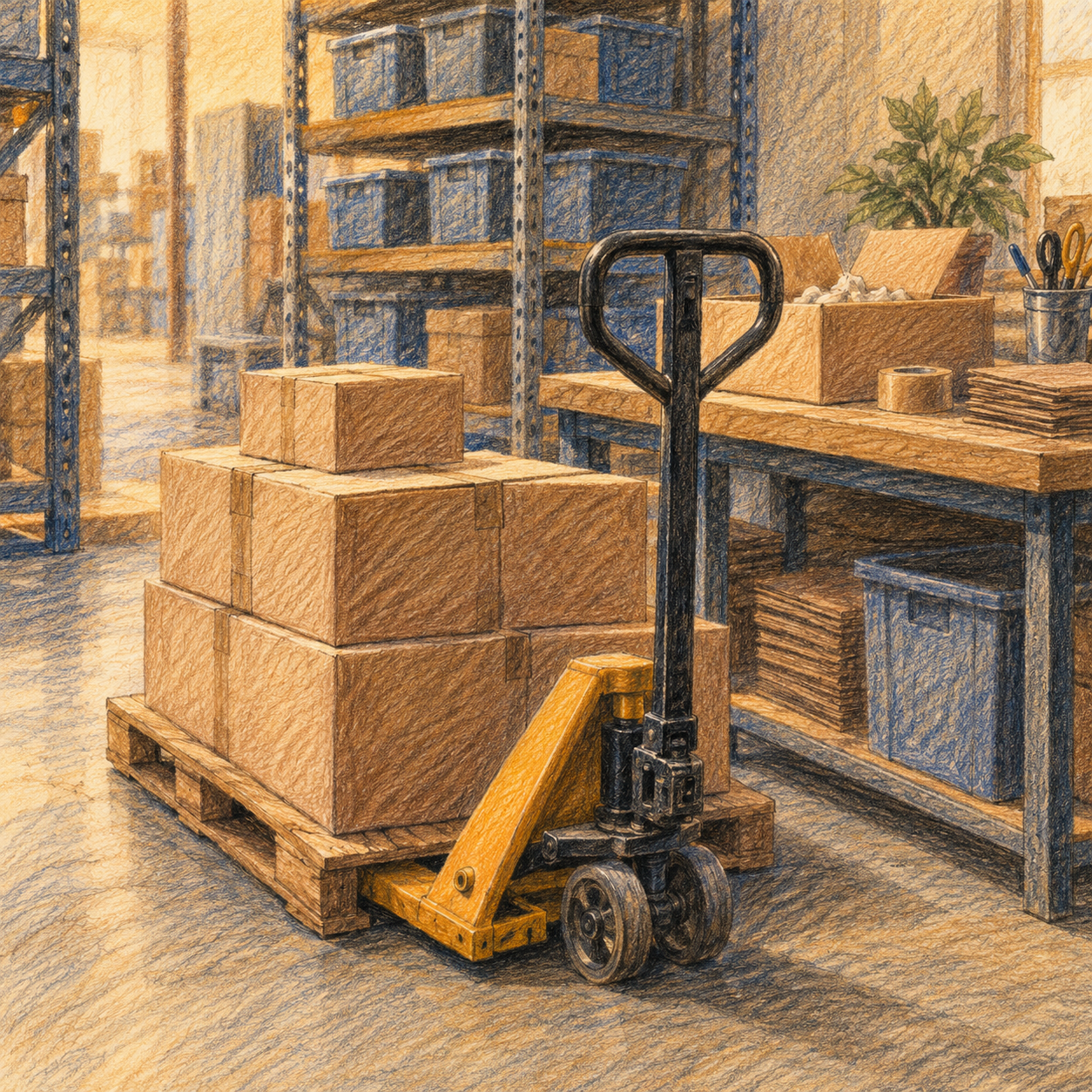 Illustration of small warehouse: a manual pallet jack, storage bins, a packing bench